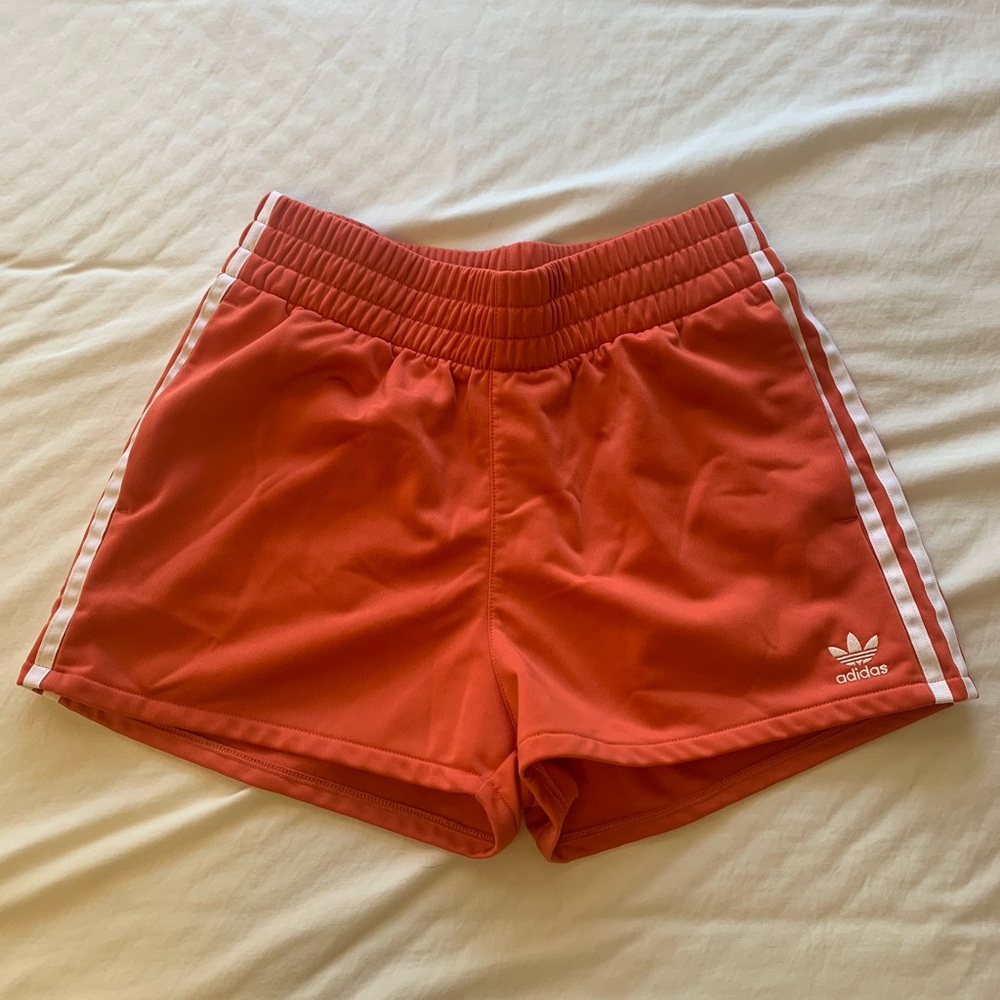 Adidas 3 stripe red women satin shorts